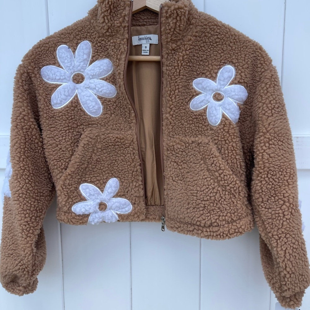 Brown and White Puffer Jacket with Daisy Accents